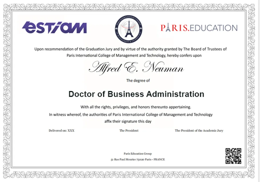 DBA Degree Sample from ÉSTIAM France