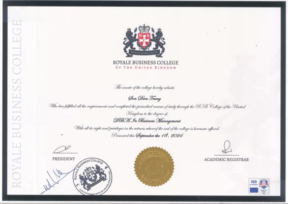 DBA Degree Sample from RB College UK