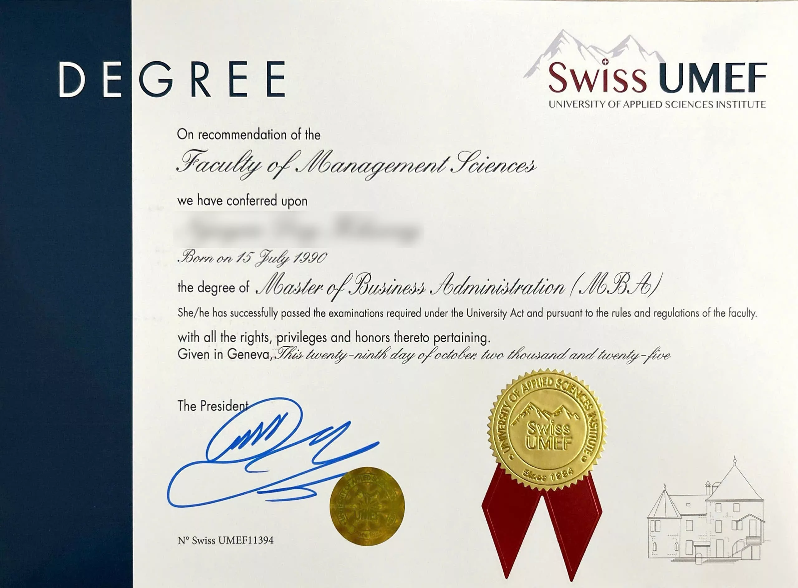Mẫu bằng MBA Swiss UMEF